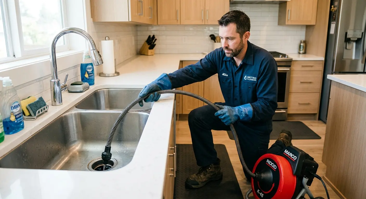 Drain cleaning technician using a motorized snake on a kitchen sink in Manassas