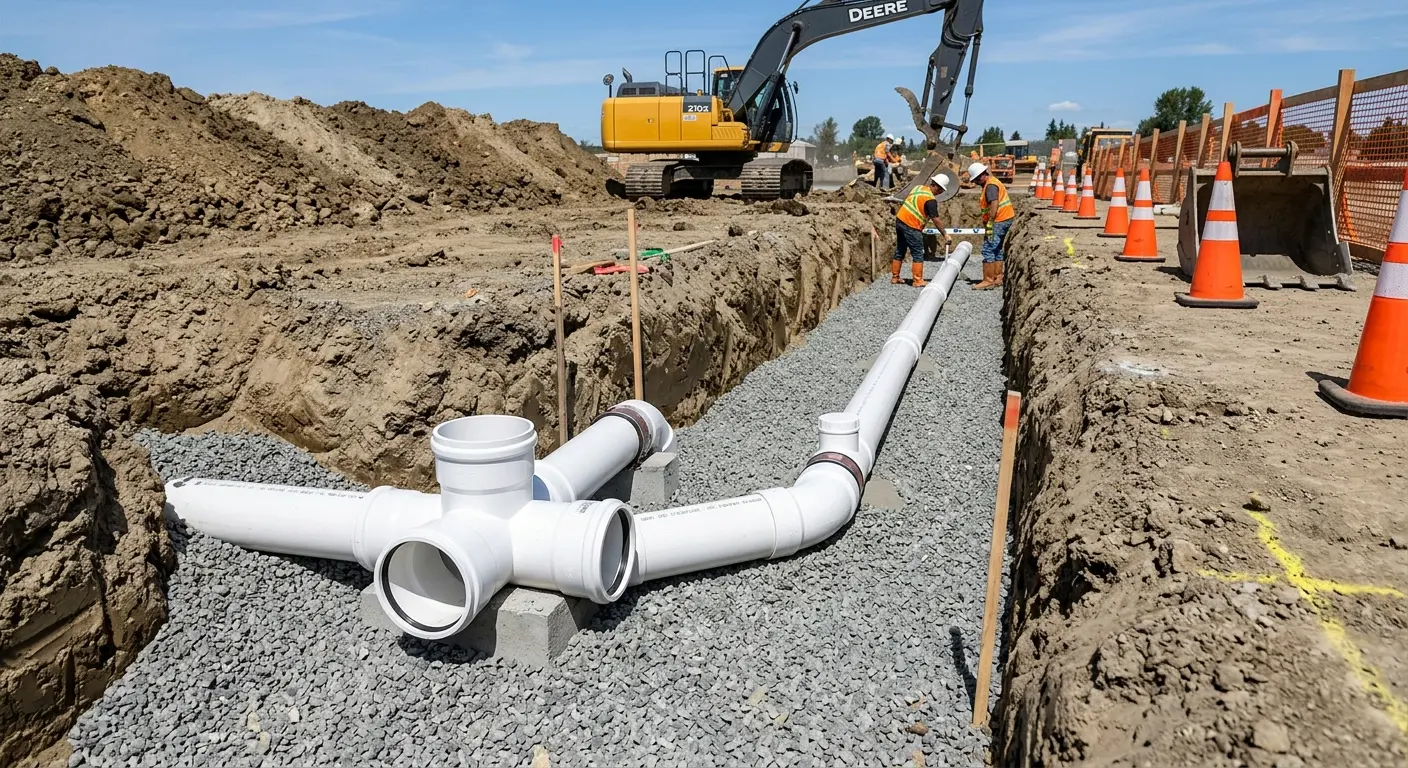 New PVC sewer pipe installation in open trench for Sewer Backup in Manassas