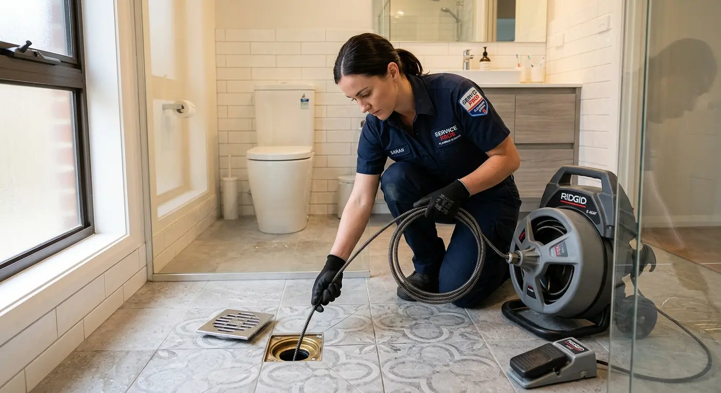 Technician clearing a bathroom floor drain for Drain Repair in Manassas